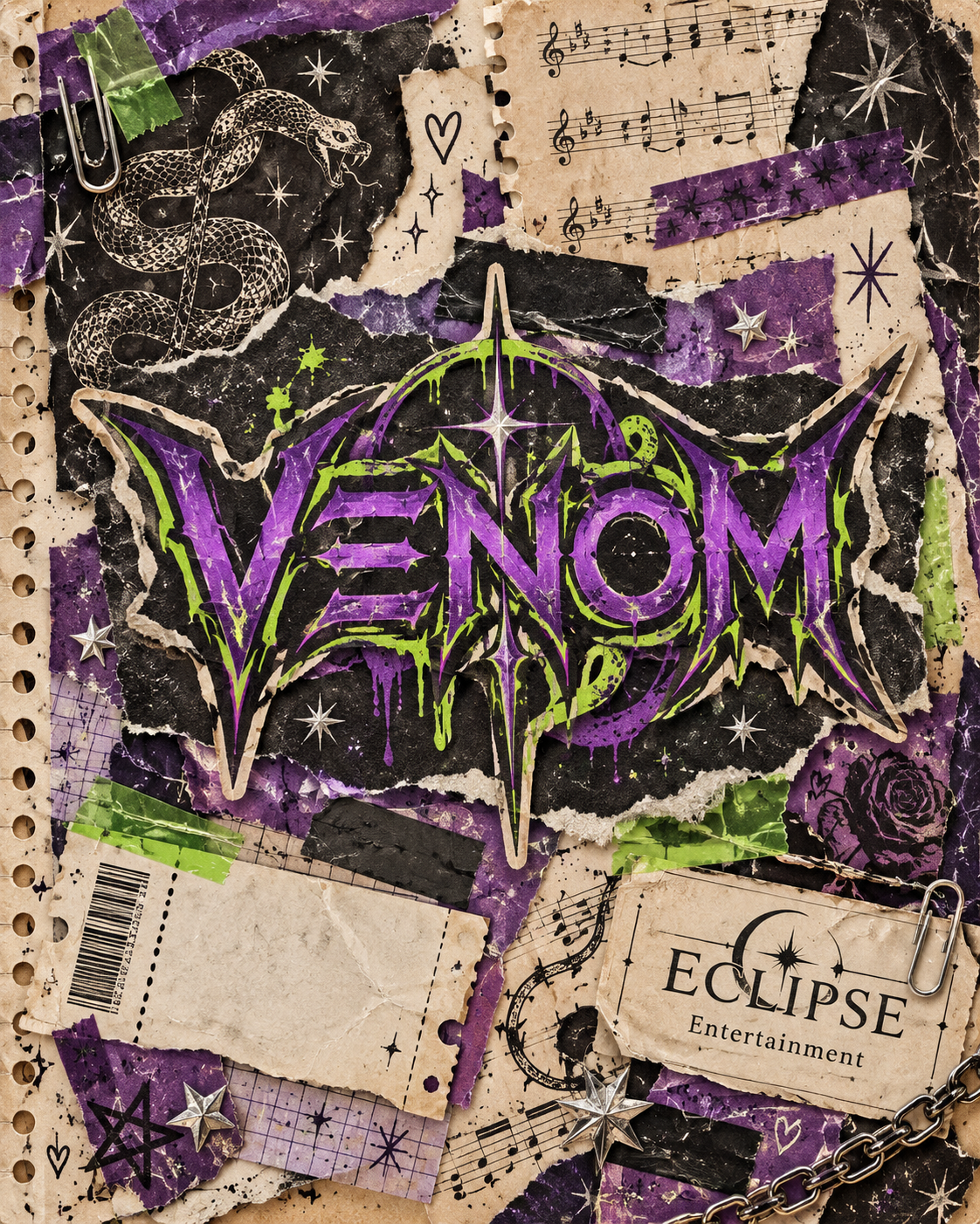 VΞNOM scrapbook cover with purple and green paper, snake drawings, and an Eclipse Entertainment label.