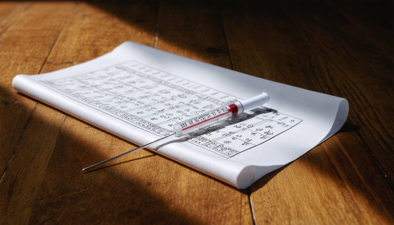 An old mercury thermometer resting beside a folded chart on a bare wooden table in low morning light, precise and abandoned at once.
