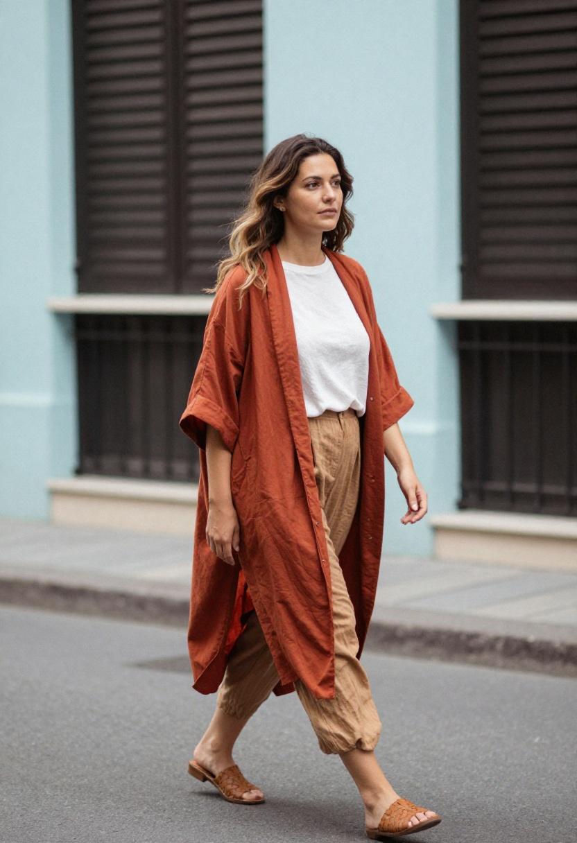 Terracotta shacket over flowy linen trousers for spring street energy