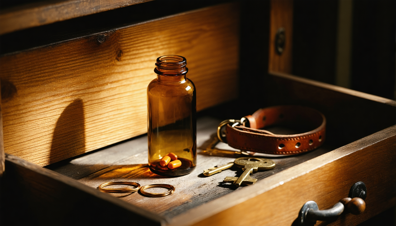 A single amber prescription bottle standing upright in a drawer alongside old keys and rubber bands, warm domestic light.