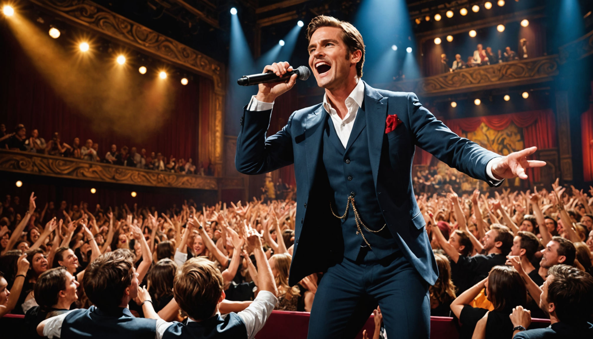 Performer on stage, live theater, energetic audience, bright stage lights