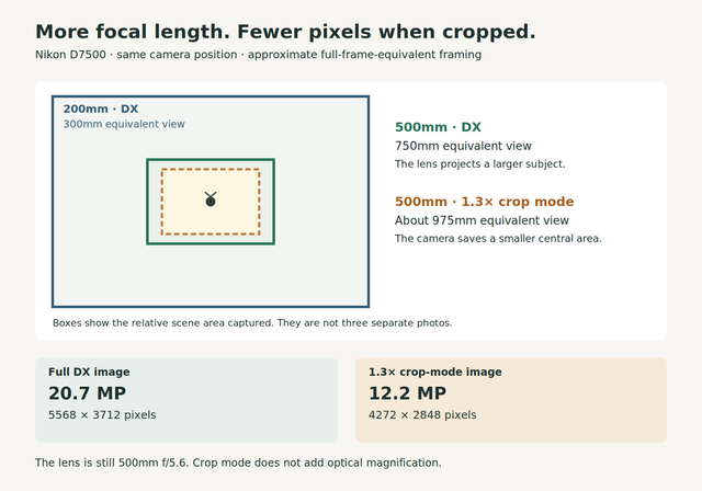 Diagram comparing 200mm and 500mm framing on the Nikon D7500, with 20.7 megapixels in DX and 12.2 megapixels in 1.3× crop mode