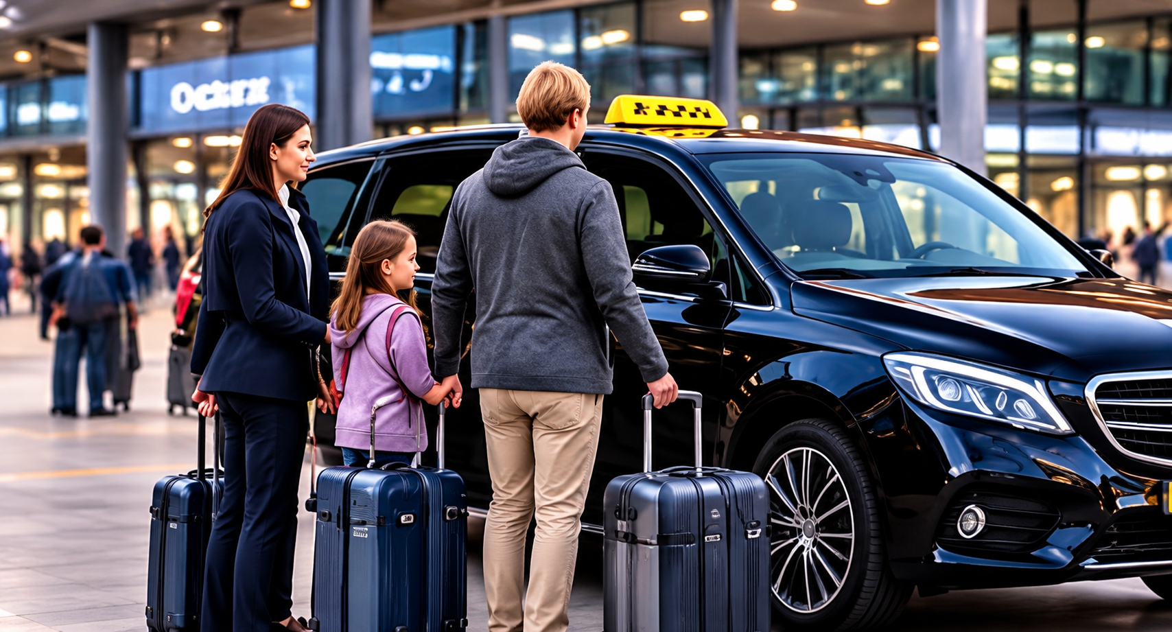 Groep reizigers met koffers bij een taxi