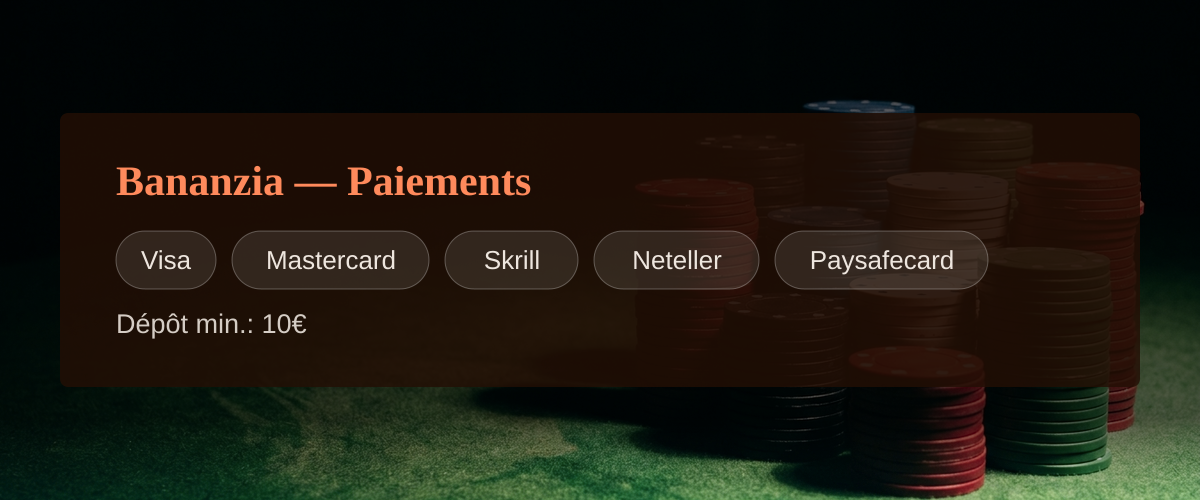 Bananzia — Paiements: Visa, Mastercard, Skrill, Neteller, Paysafecard