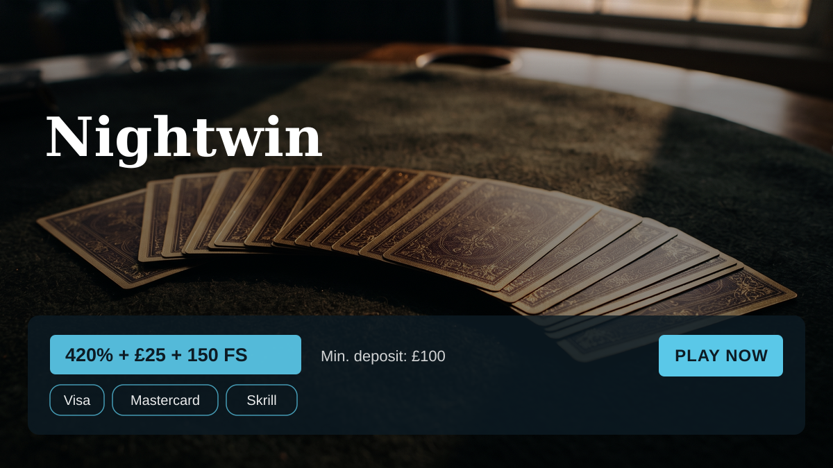 Nightwin casino — welcome bonus 420% + £25 + 150 FS, payments: Visa, Mastercard, Skrill, Neteller, Paysafecard
