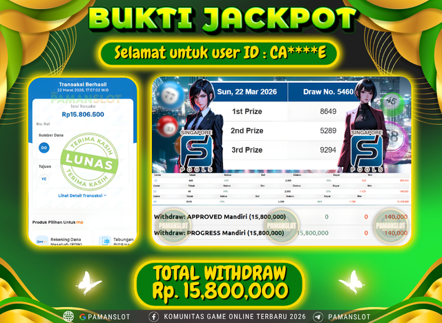Selamat kepada Member PAMANSLOT Lottery Singapore Pools  : CA****E