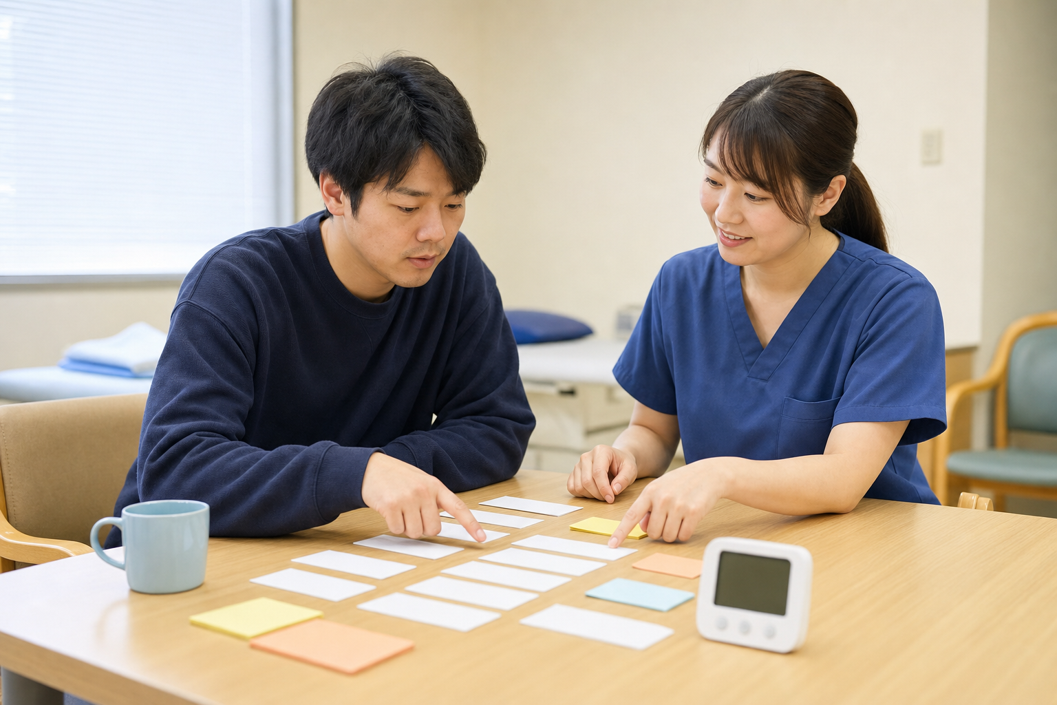 専門職と一緒に一日の予定と休憩を組み立てる成人