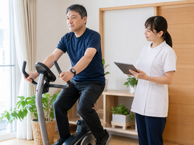自宅で心拍計を装着して固定式自転車による有酸素運動を行う様子