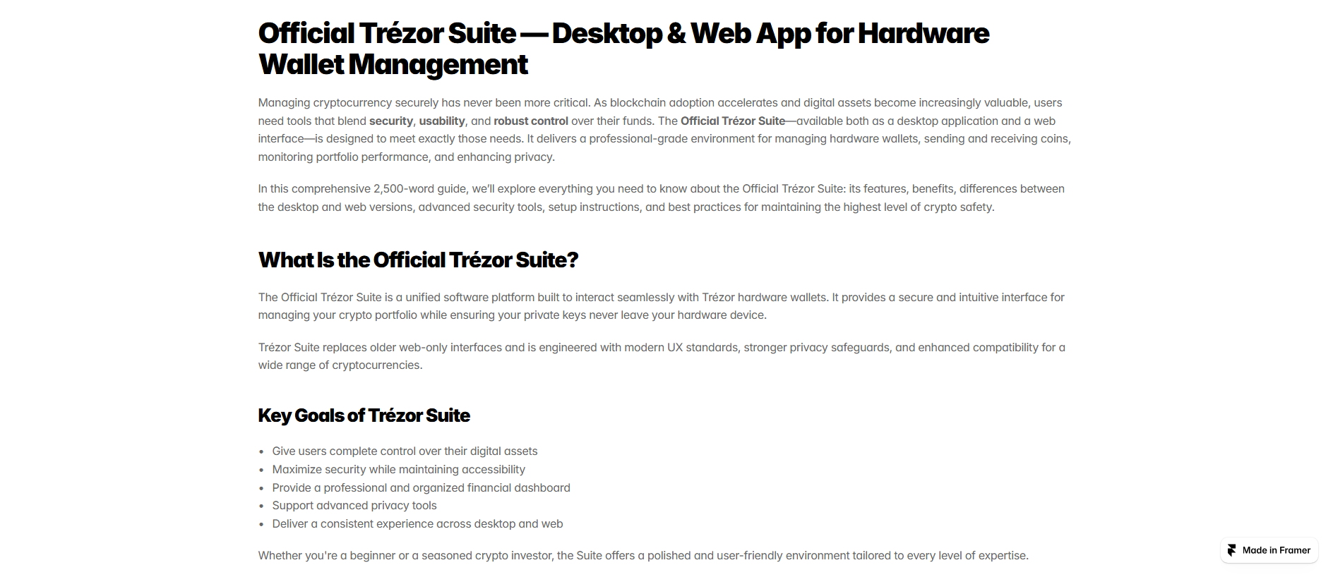 Forensic screenshot of us-trezur-suite.framer.ai showing the phishing page layout