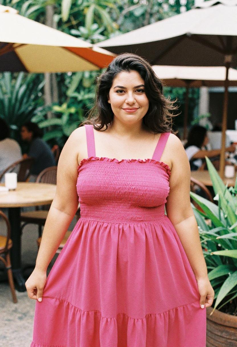 Magenta smocked maxi dress with tiered skirt for a plus size woman in a garden setting