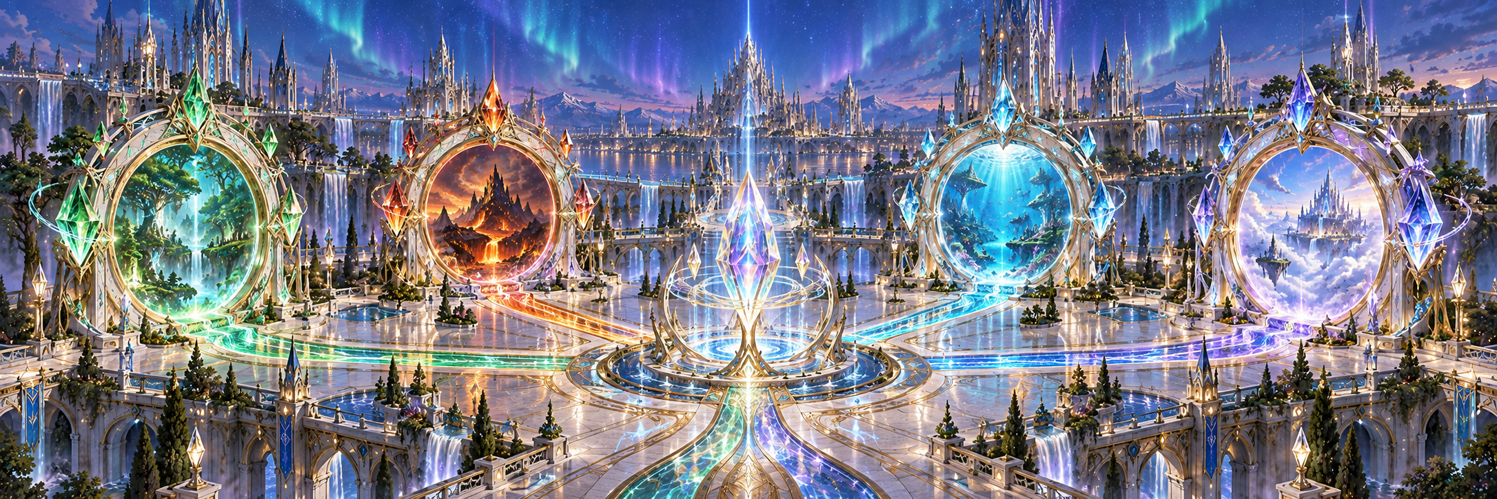 Four circular crystal Nexus Gates connected to an Aether routing crystal.