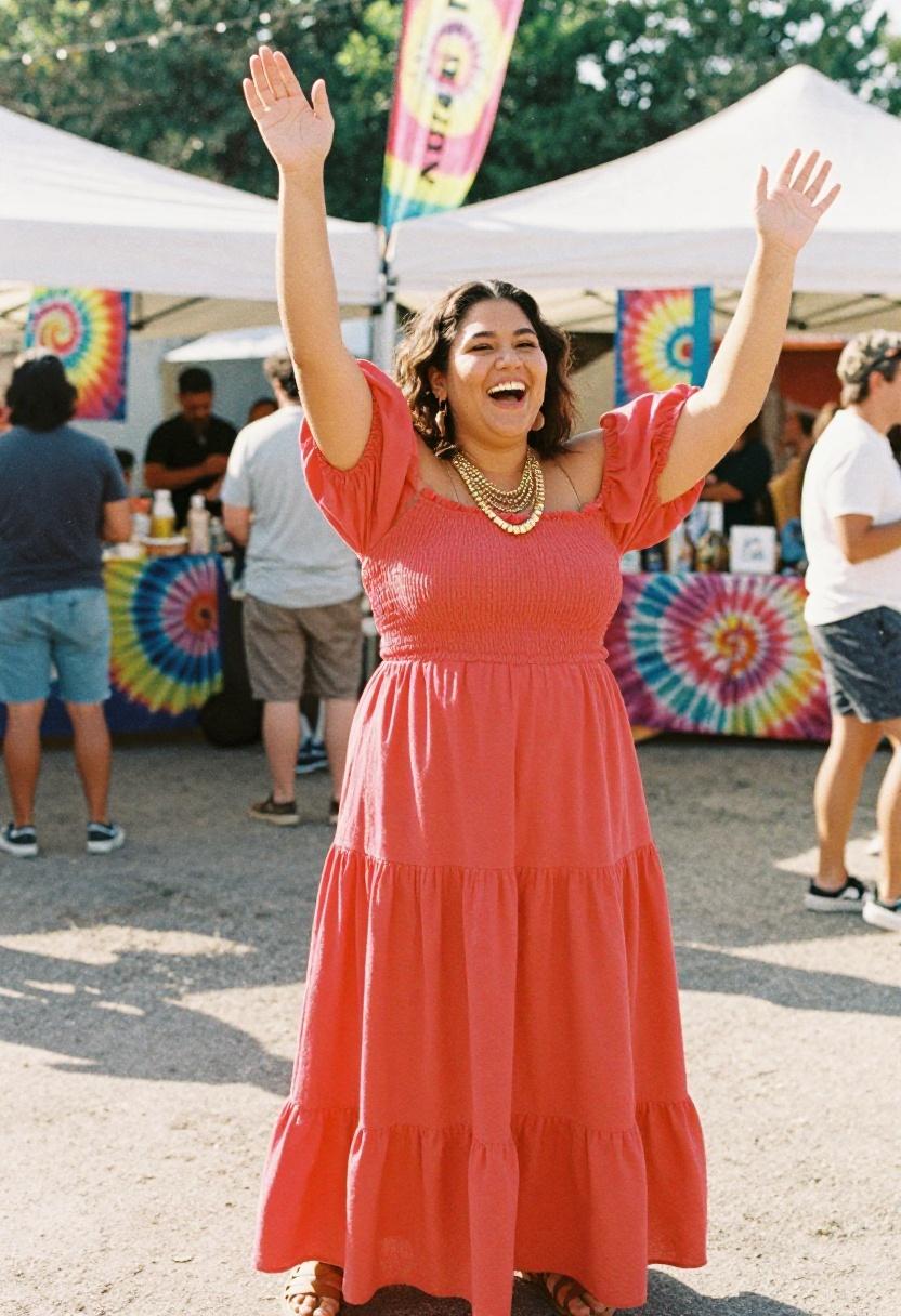 Plus-size woman in coral-red off-shoulder maxi dress with tiered skirt at a spring music festival