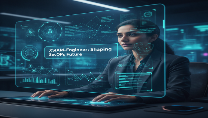 XSIAM-Engineer: Shaping SecOps Future A confident Palo Alto XSIAM engineer interacting with a futuristic, holographic SecOps console displaying unified SIEM, SOAR, and XDR data, symbolizing advanced threat detection and automation. The image title 'XSIAM-Engineer: Shaping SecOps Future' is visible on a screen.