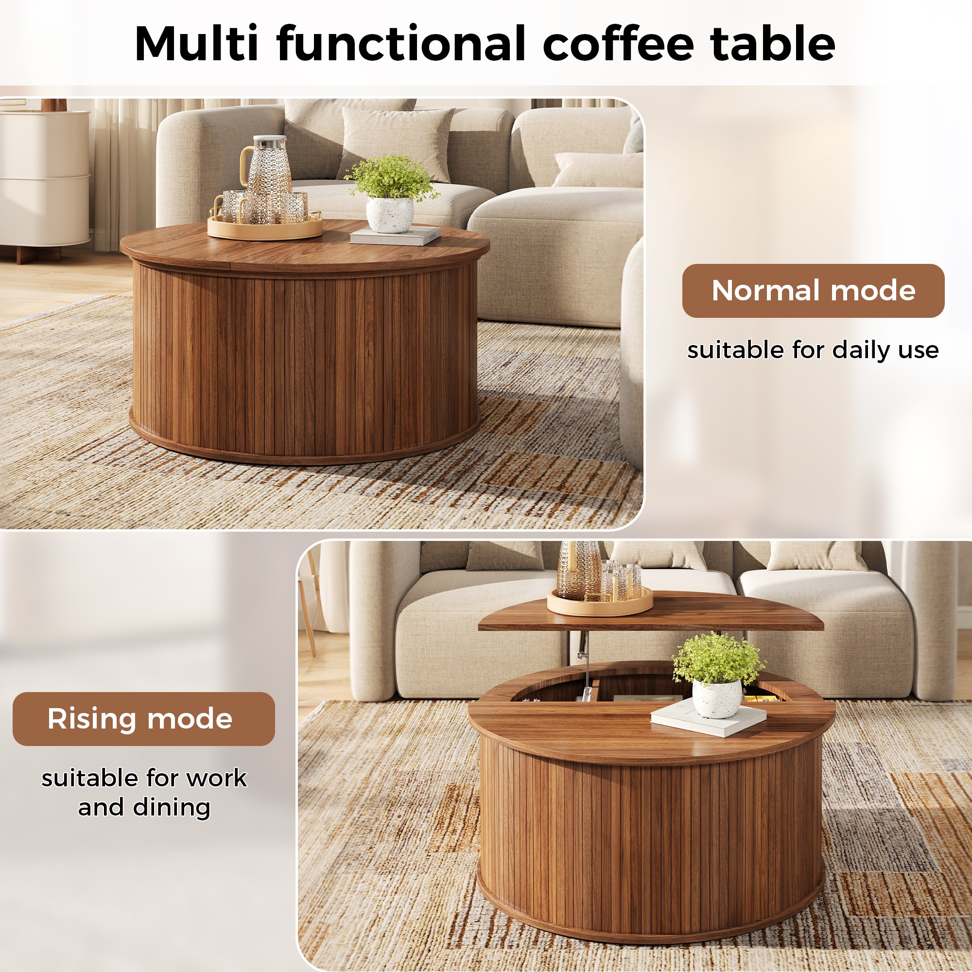 Table Basse Noyer, Rangement, Étagères Réglables, Plan Relevable, Design Moderne, Angles Arrondis - Panneau composite de fibres de bois à densité - 88x88x53.5cm - Salon 3