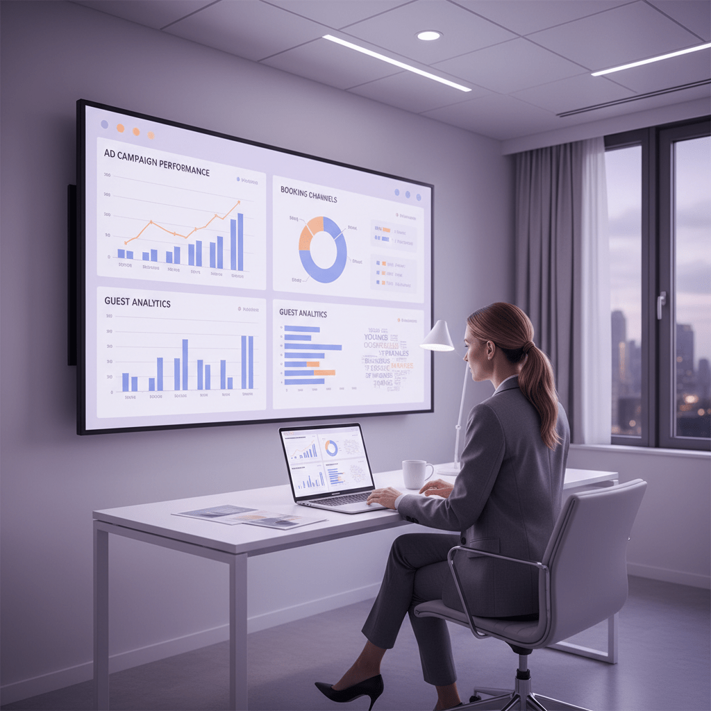 Hotel marketer reviewing ad analytics and booking metrics
