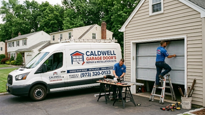 Garage door technician repairing a residential garage door in West Caldwell NJ