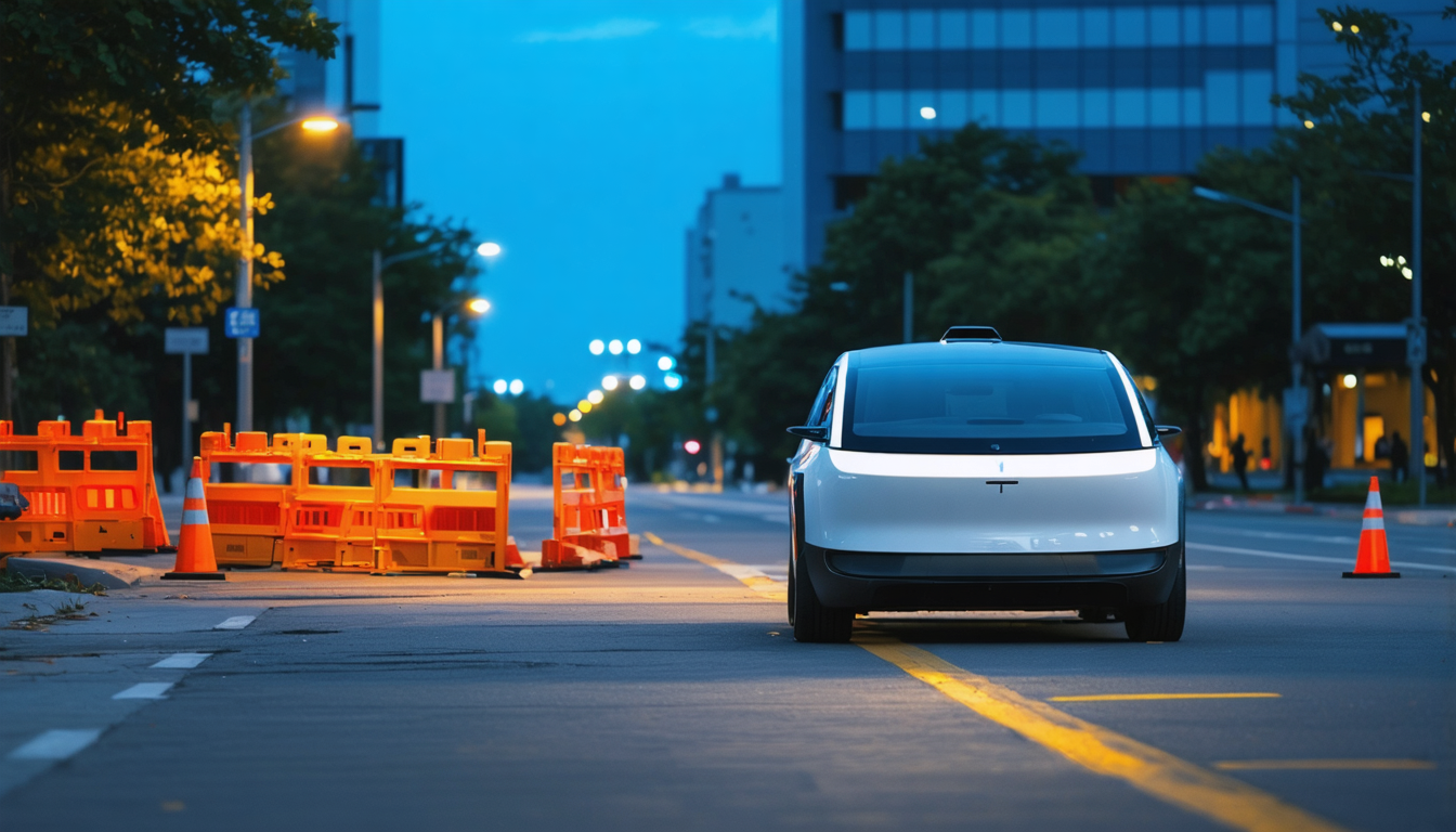 A single autonomous vehicle facing a row of orange construction barriers on an empty street at dusk