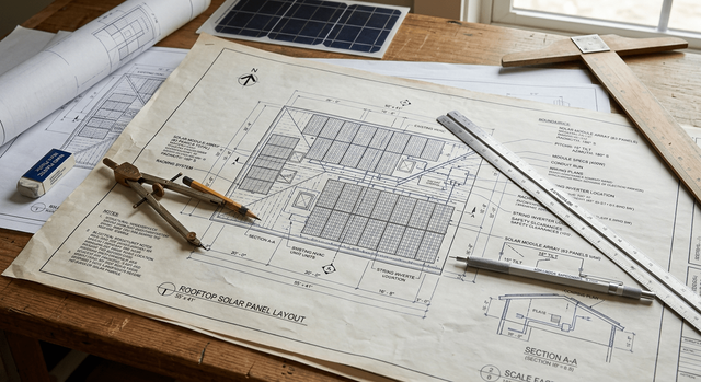 Architectural blueprints for a solar panel installation.