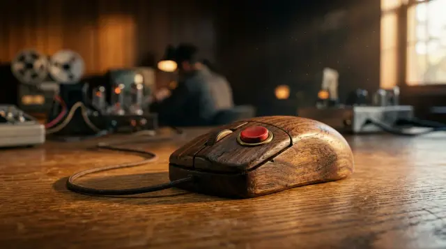 Vintage wooden computer mouse on oak desk in warm golden light, nostalgic mood