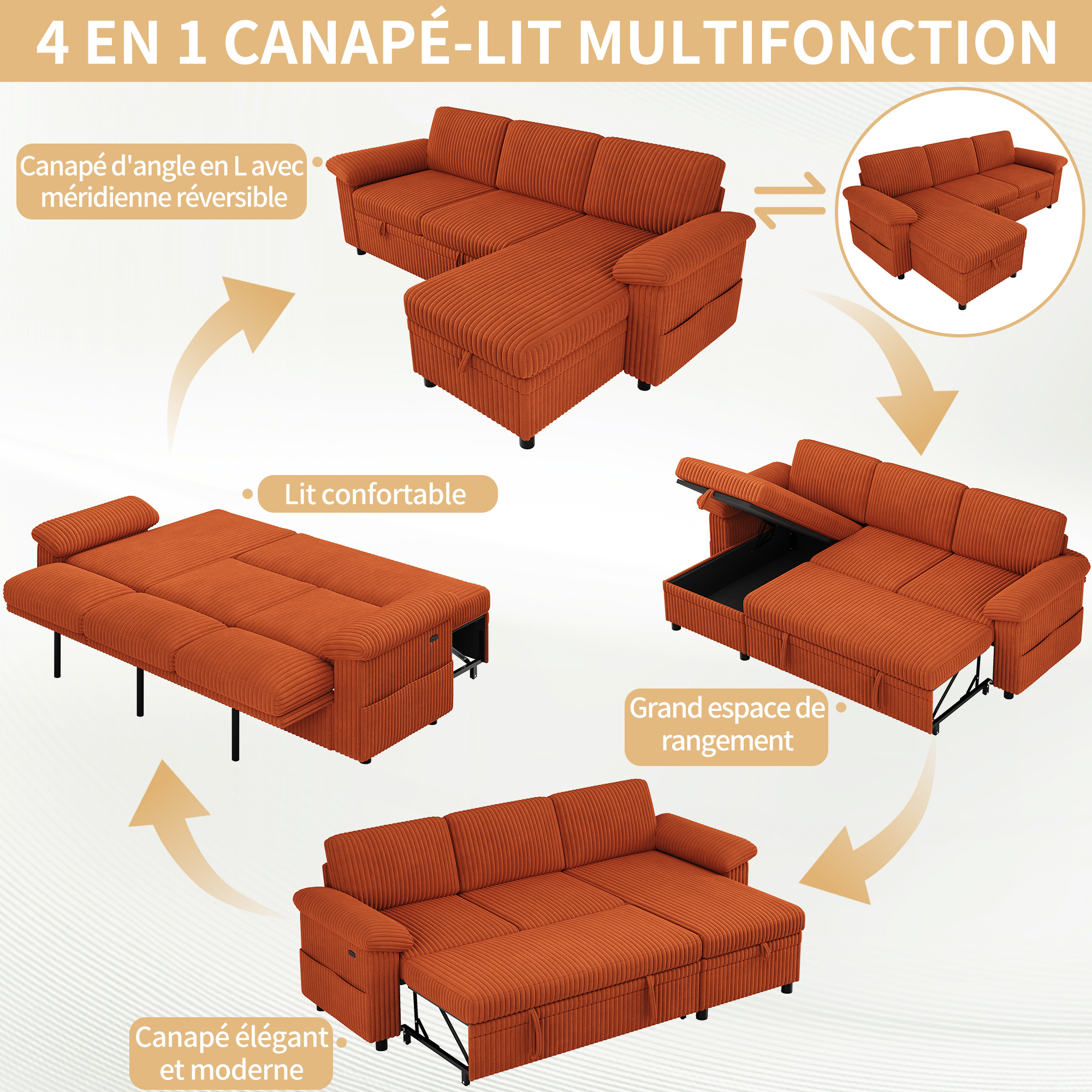 Canapé d'angle convertible orange dans le salon