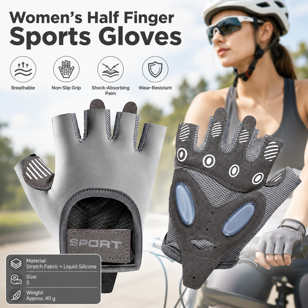 Grey S size Women's Half-Finger Fitness Gloves - Liquid Silicone Shock Absorption, Ice Silk Breathable Fabric, Non-Slip Grip for Gym Yoga Cycling Weight Training