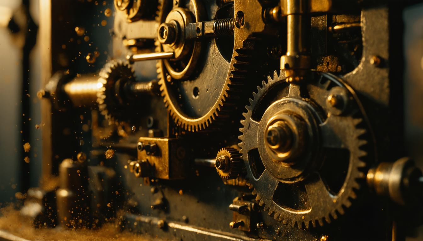 A close view of a large mid-century mechanical computing apparatus, brass and steel components in shadowed light, no single part obviously more essential than another.
