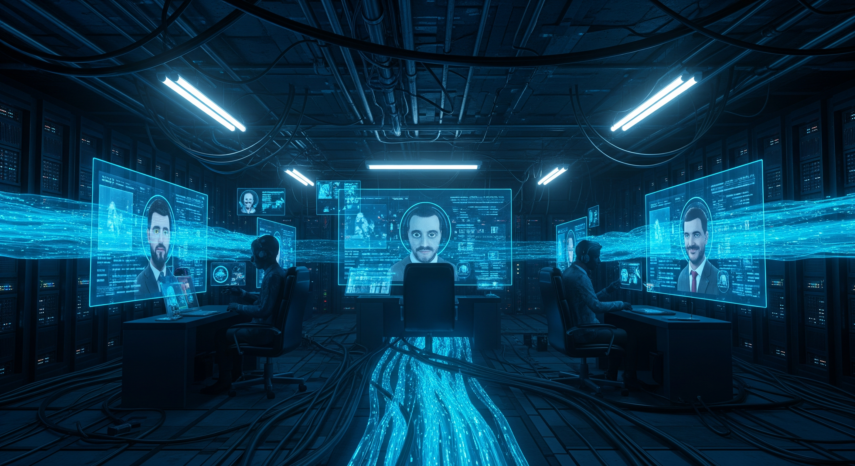 Cinematic 3D illustration of a hidden darknet marketplace: glowing screens, masked avatars exchanging code, data streams flowing through tunnels, dark but stylish tone, realistic lighting.