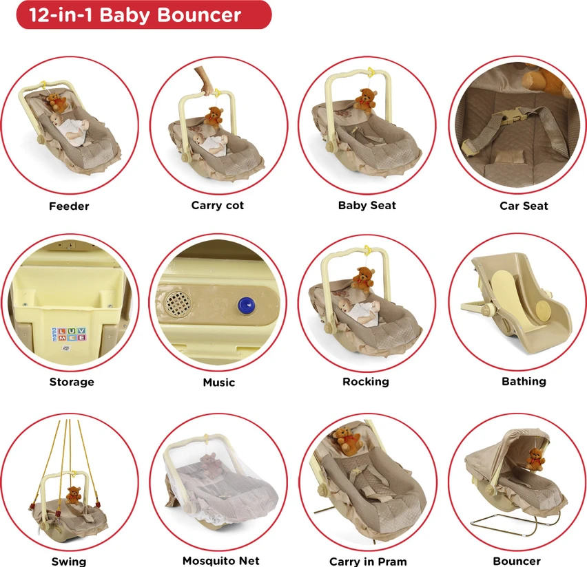 12-in-1 Carry Bouncer Cot for Baby (Brown) – Multi-Functional Infant Rocker, Portable Baby Cradle, Bassinet & Playpen with Adjustable Recline and Toy Bar photo 7