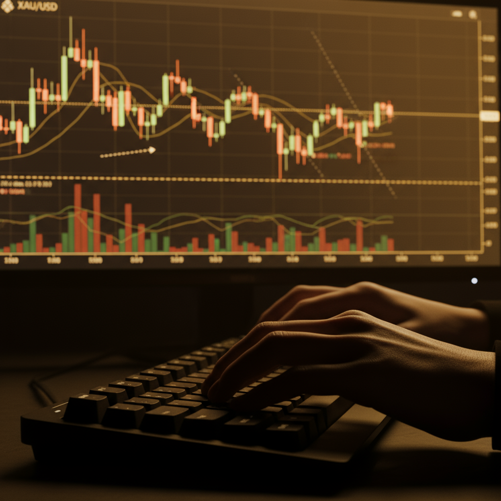 A person's hands on a keyboard with a gold trading chart on the screen, illustrating the first steps in online trading.