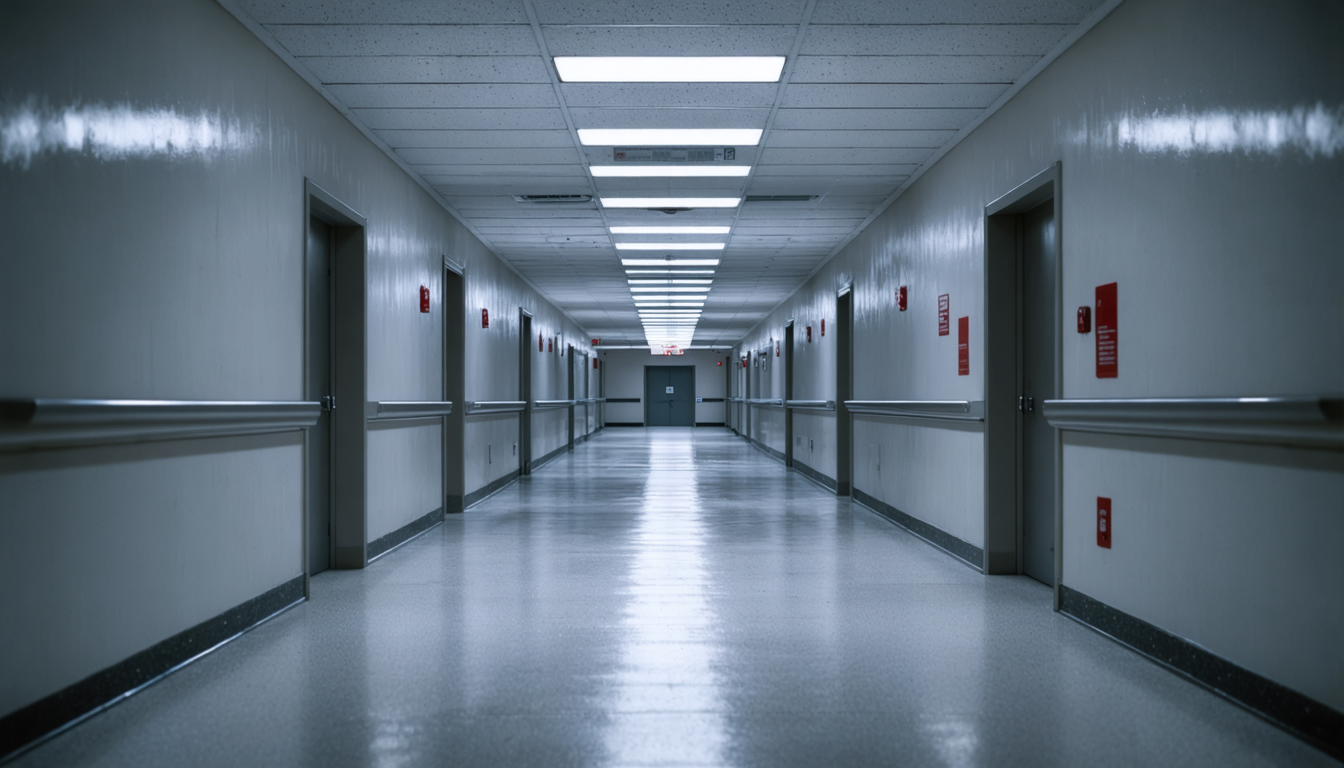 A long empty hallway in a military facility, fluorescent-lit, with no people and a single closed door at the far end.