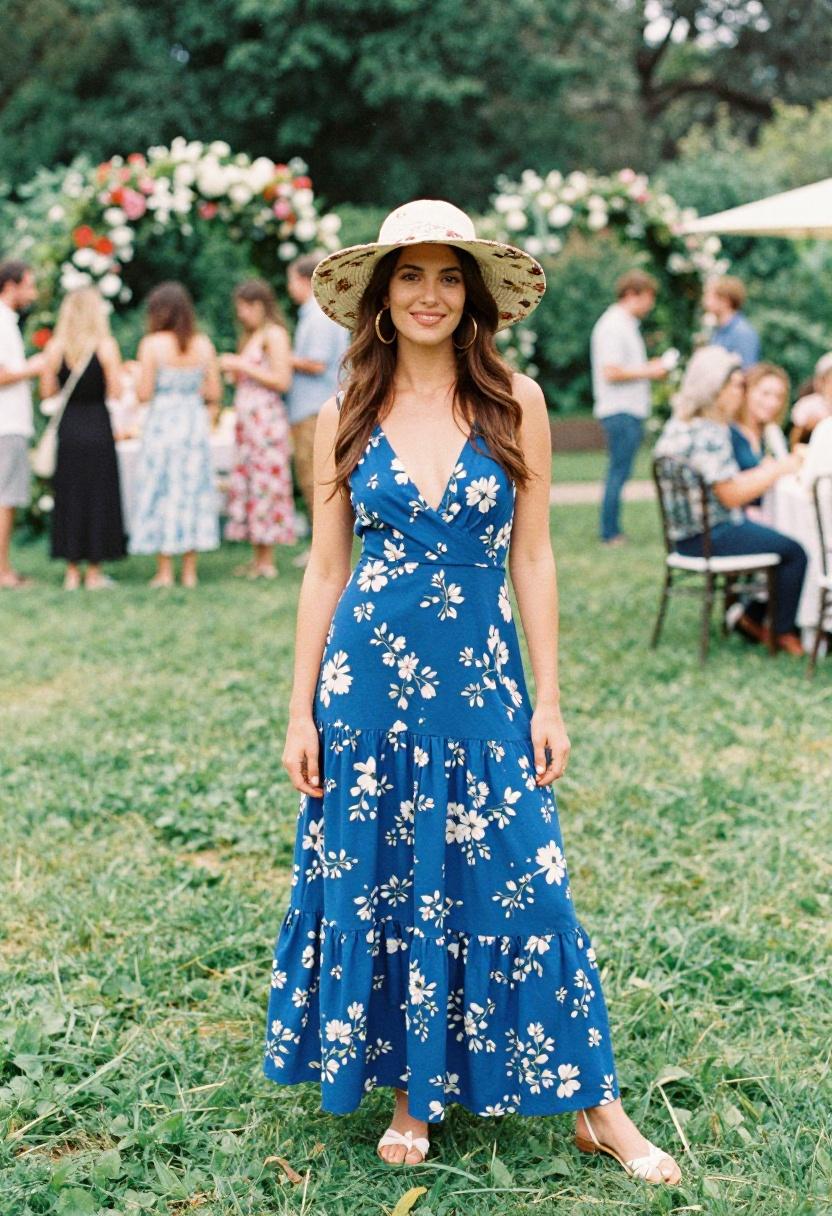 Cobalt blue floral maxi dress and wide-brimmed sun hat making a bold confident statement on the garden party lawn