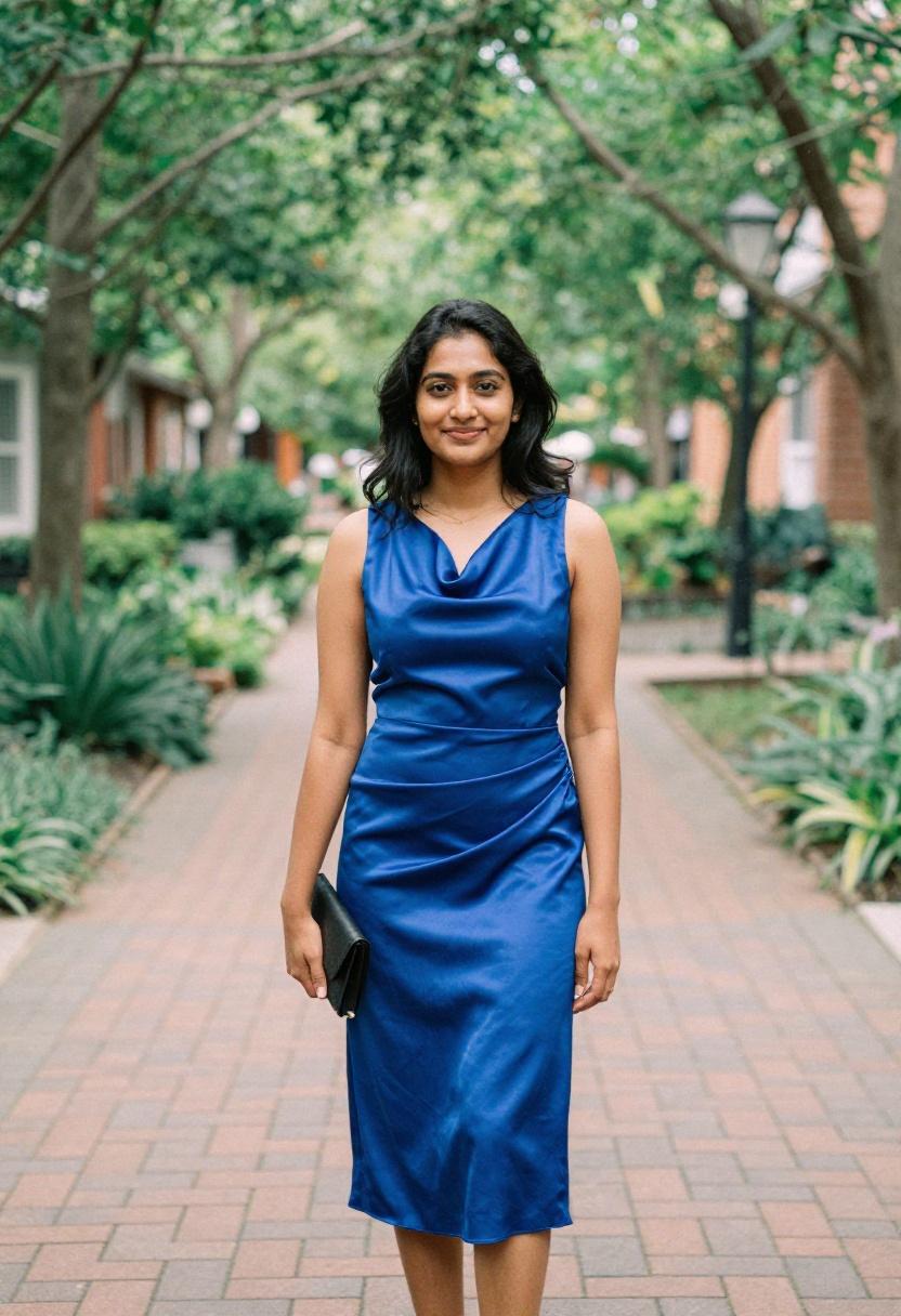Cobalt blue satin midi dress for outdoor garden graduation setting