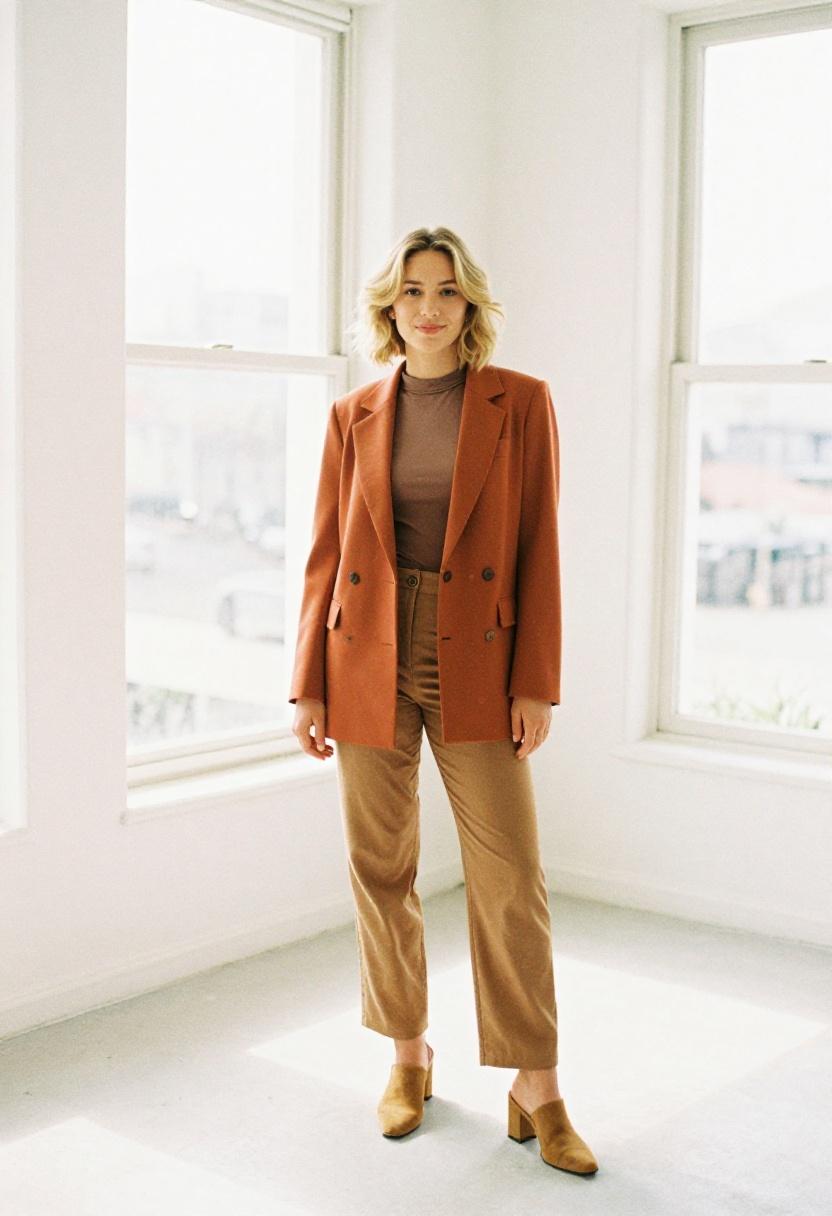 Rust-orange blazer with sand trousers and tan block-heel mules for a warm confident office palette