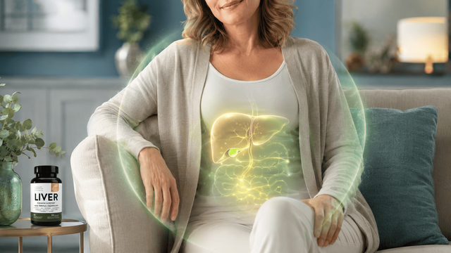 Mujer en casa con visual de apoyo hepático y digestivo