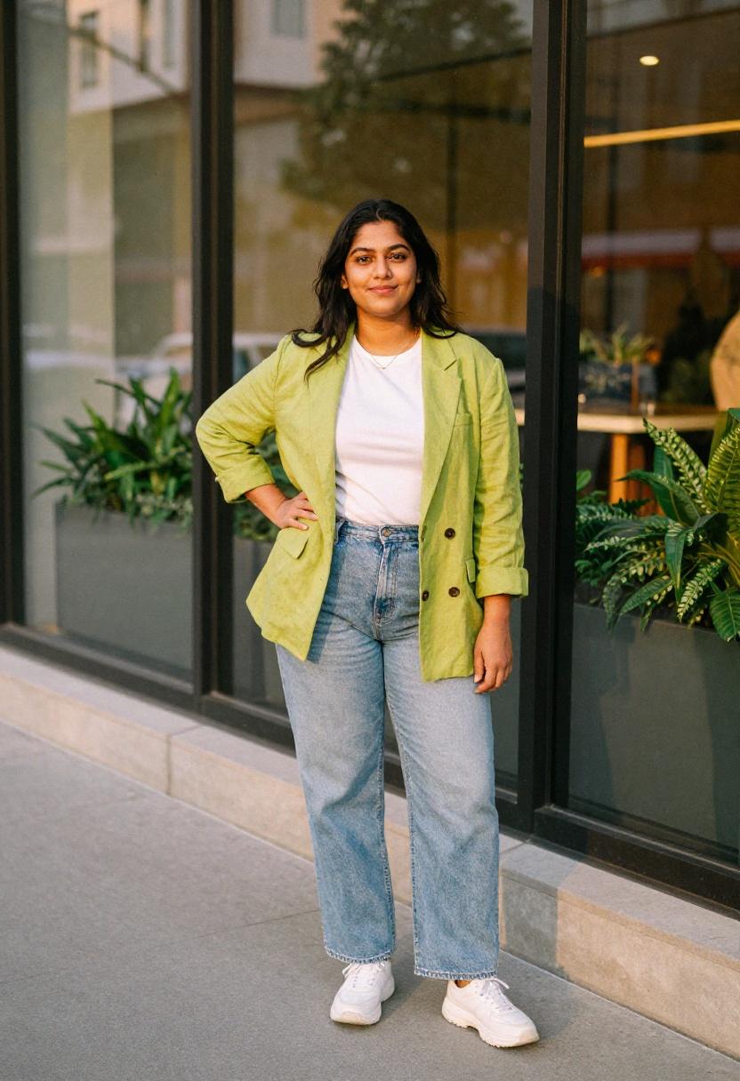Plus size woman in chartreuse linen blazer over white tee and denim with white sneakers on a spring afternoon