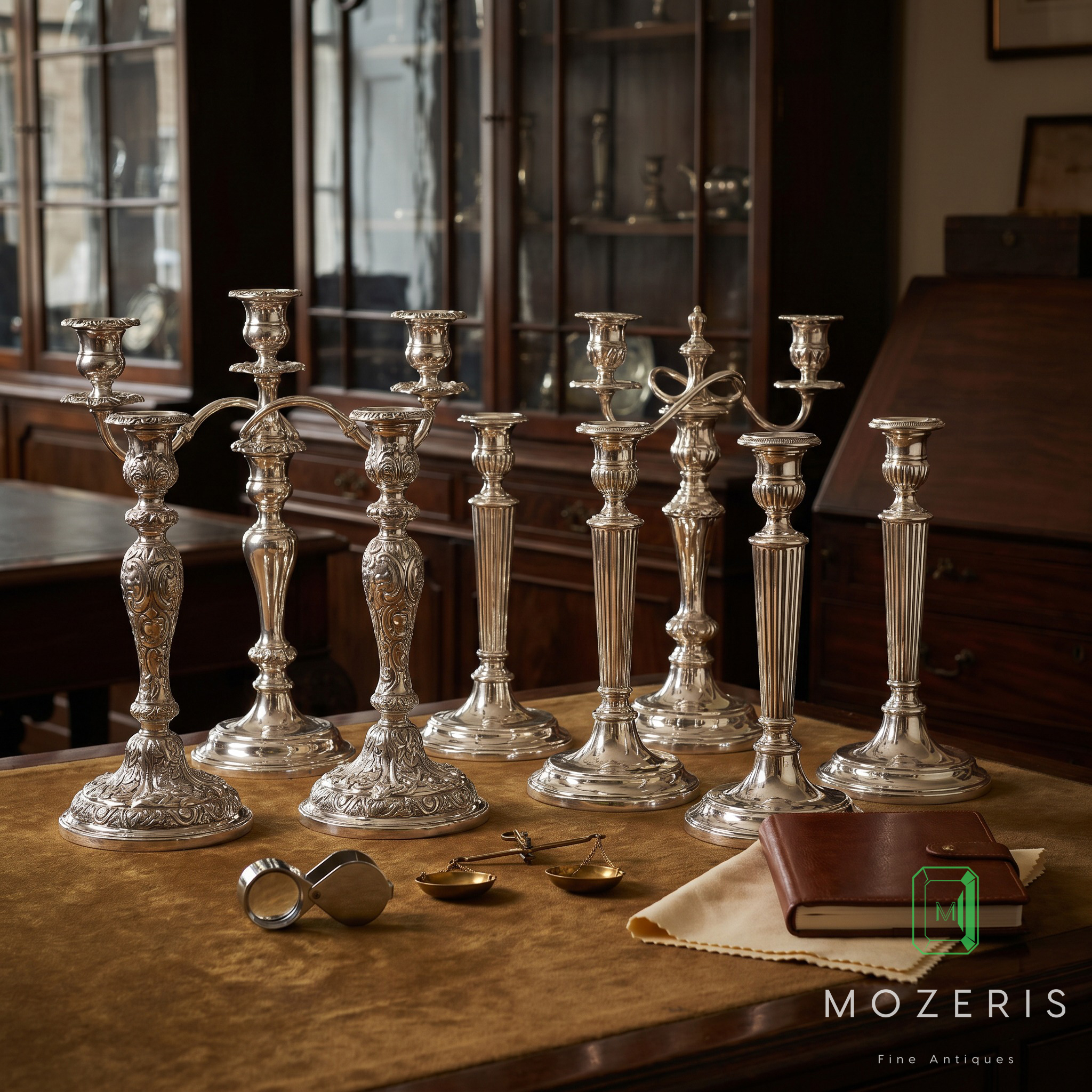 Antique silver candlestick collection being assessed