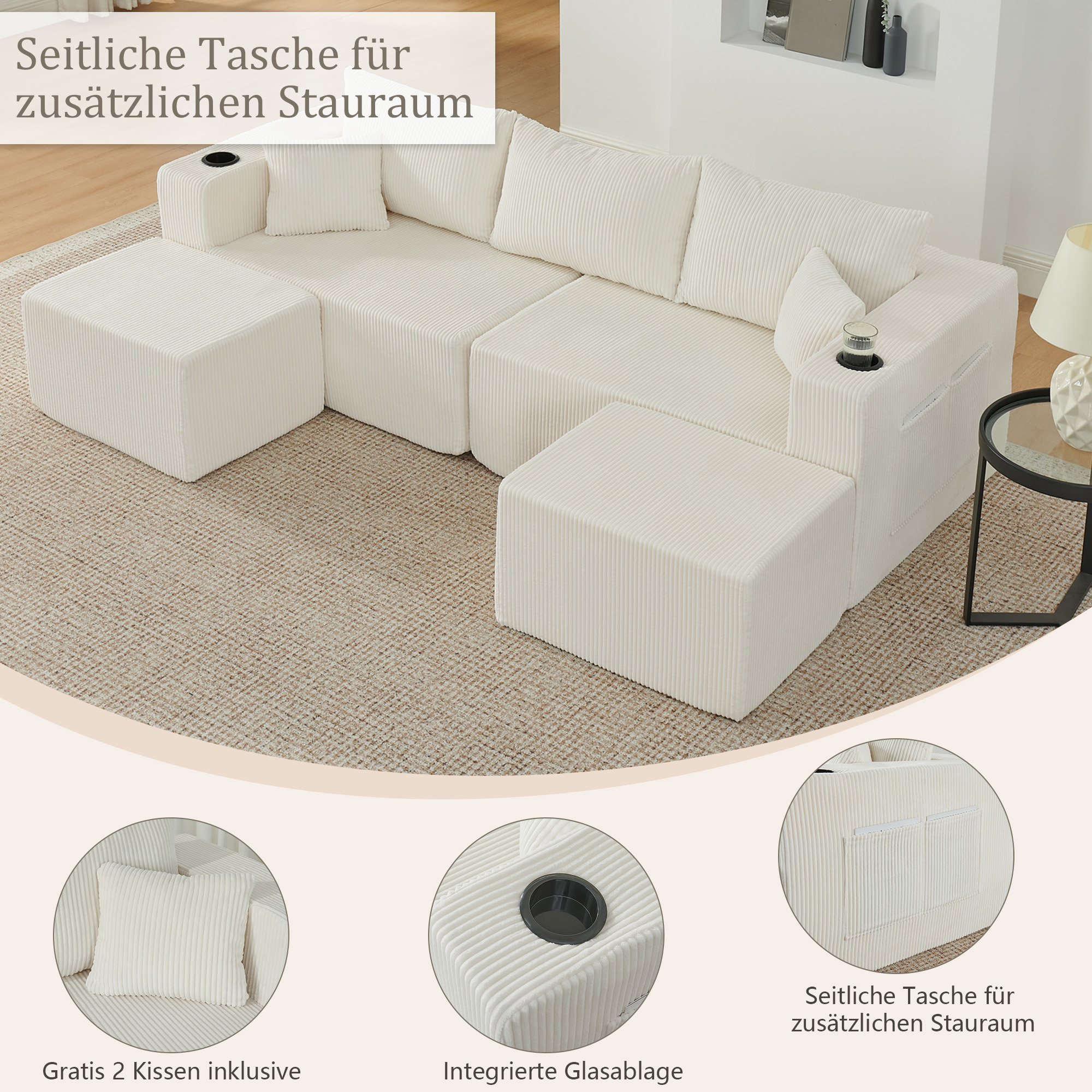 Canapé d'angle modulable beige en situation
