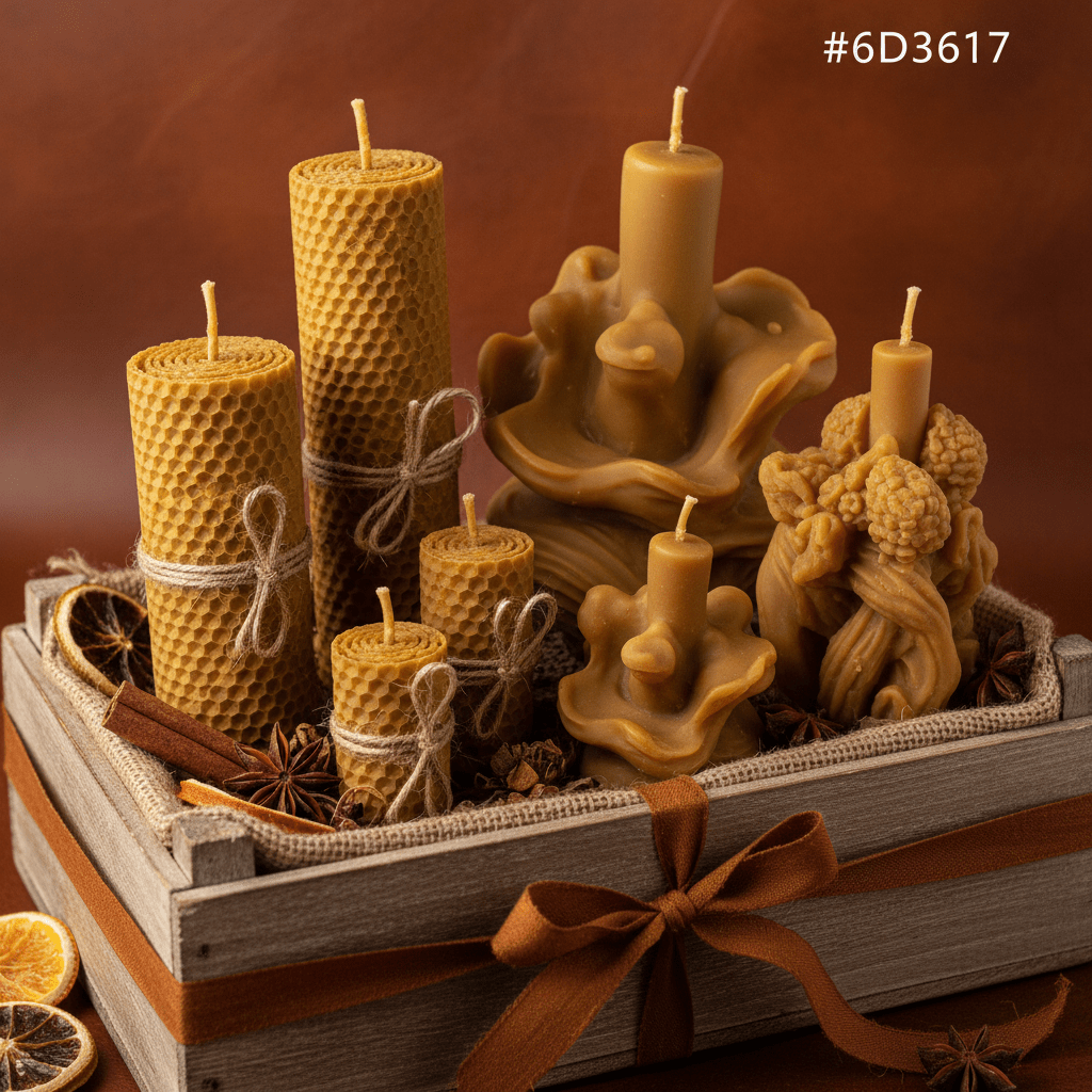 Rolled and sculptural beeswax candles in a rustic gift display