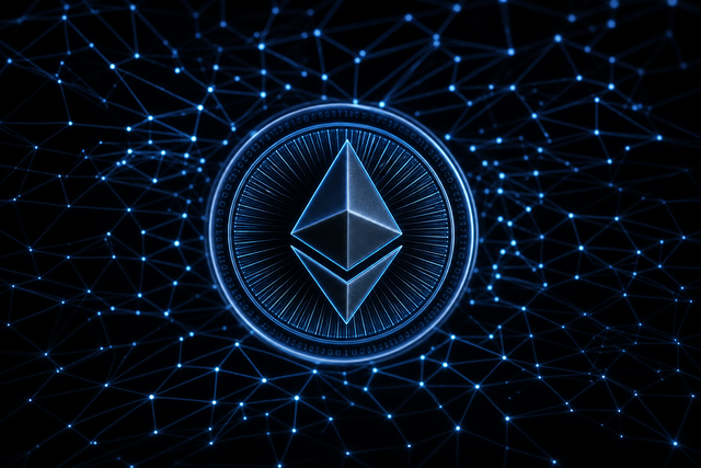Photorealistic photojournalistic image of a glowing network of connected nodes representing Ethereum on a dark background, documentary techn