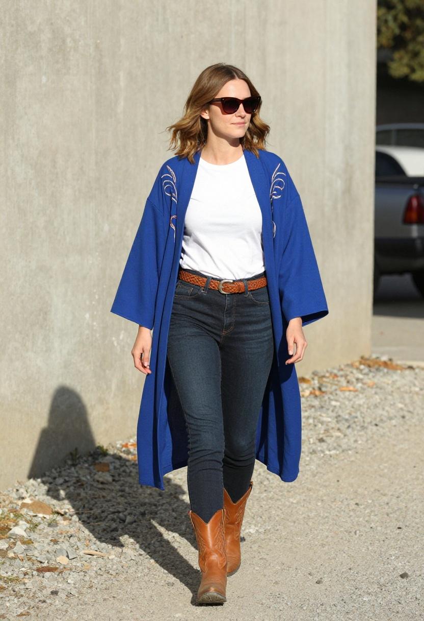 Cobalt blue embroidered duster over slim denim for cool rodeo style for women