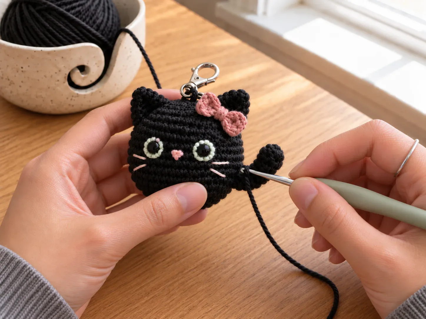 Add tail and loop — Crochet a tiny tail and secure the keyring or lobster clasp.