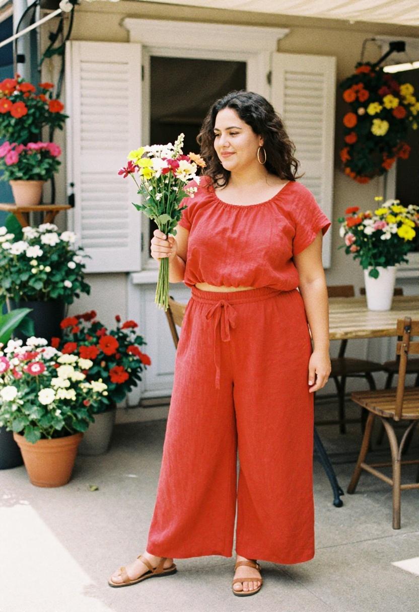 Tomato red linen wide-leg set with spring florals for outdoor feminine look