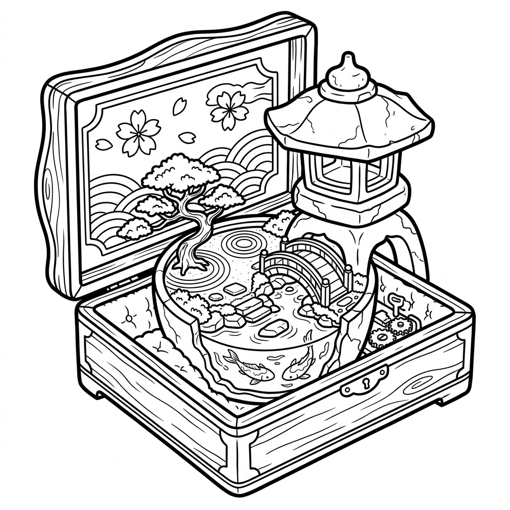 Japanese Garden Treasure Box Coloring Page