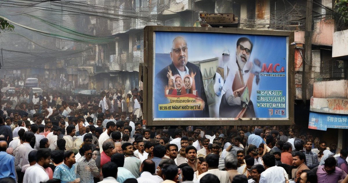 Crowd of protesters and police on busy Camac Street in Kolkata during a billboard removal demonstration