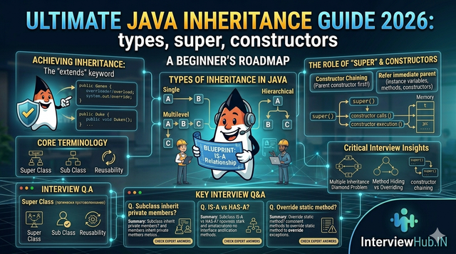 Java Inheritance Infographic: Visualizing Single, Multilevel, and Hierarchical inheritance, the super keyword, and constructor chaining at InterviewHub.IN.