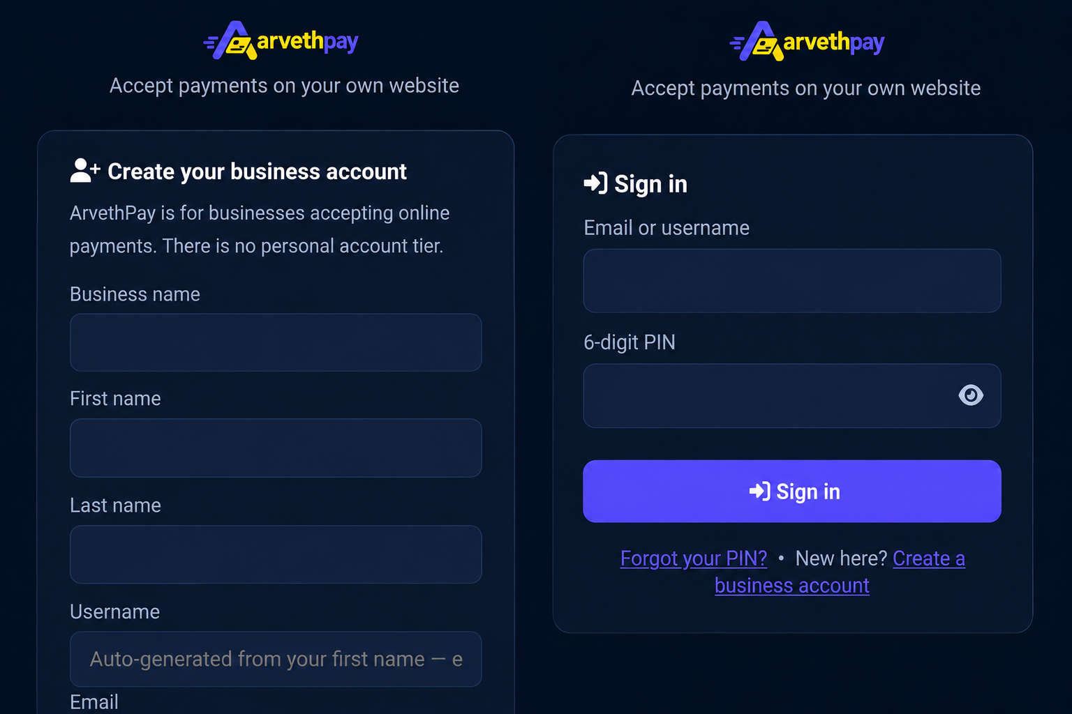 ArvethPay sign-in screen with an email or username field and a 6-digit PIN field