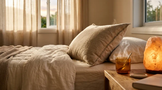Serene bedside with linen pillow, chamomile tea, and warm golden light evoking restful calm