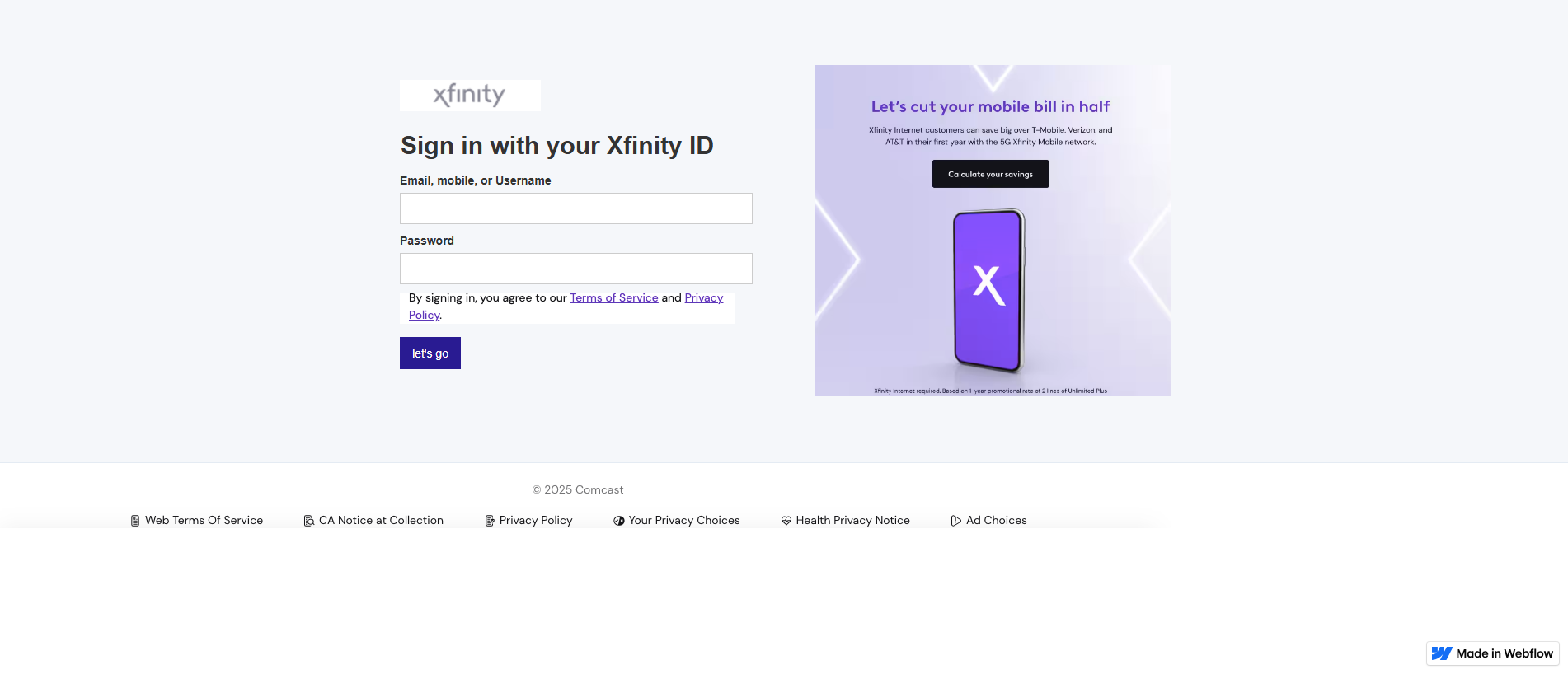 Screenshot of comcast-mobile.webflow.io