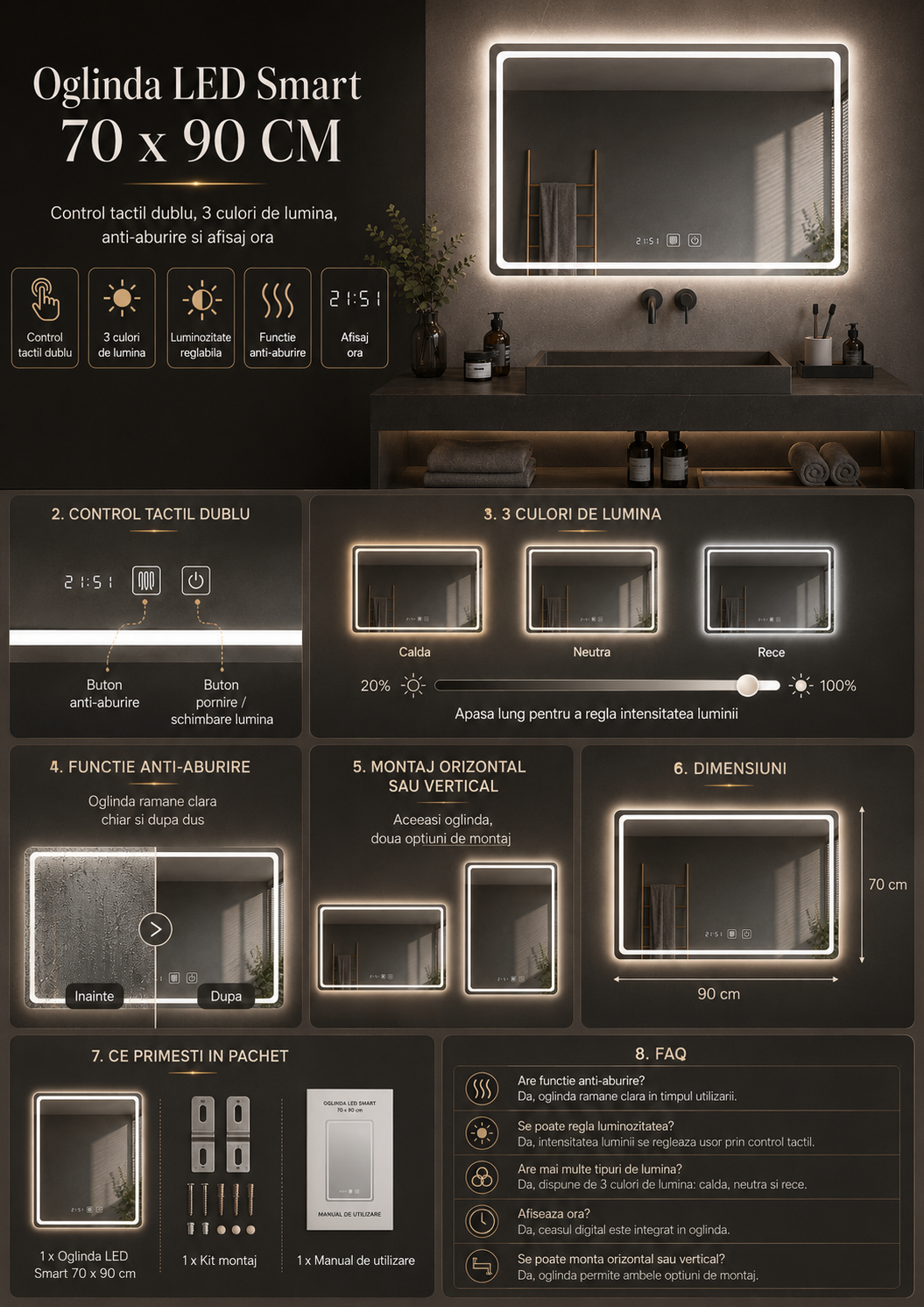 Infografic Oglinda LED Baie Smart 70x90 cm