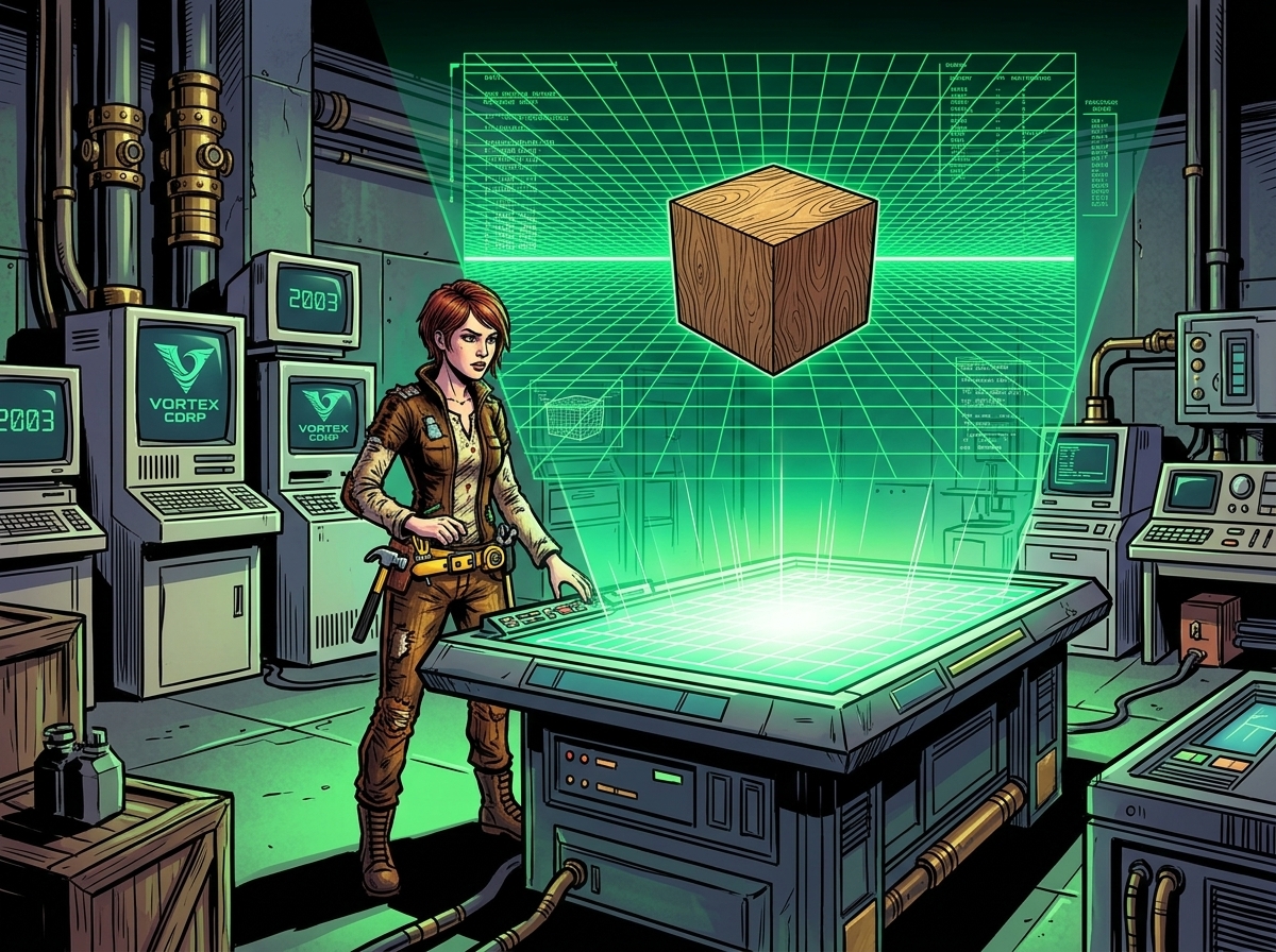 The Genesis of 2003: Aley Vortex rezzing the first procedural wooden prim upon the infinite green digital grid
